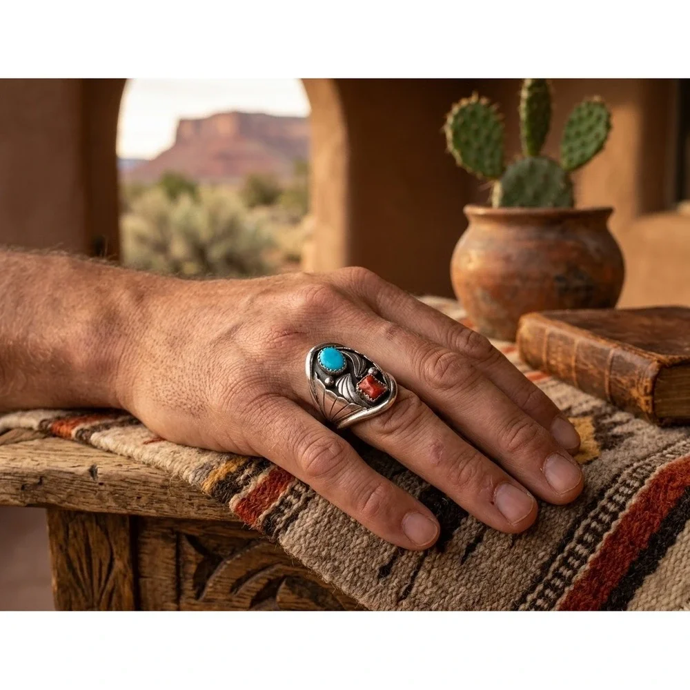 Navajo Men's Ring Sterling Turquoise Coral by J. Begay 9.75 Southwest Artisan***